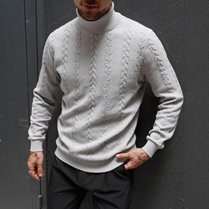 Pull en laine tricoté à col montant pour homme, chaud, automne-hiver, couleur unie, maille torsadée, manches longues, anti-boulochage - Product Image 4