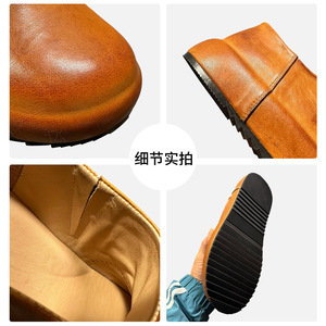 European Style Genuine Leather Men's <b>Slip</b>-<b>On</b> Loafers Mid-Heel Thick Sole Breathable Casual Shoes Brown Solid Color - Product Image 1
