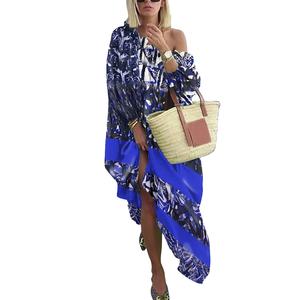 Abito Casual da donna a maniche lunghe con spalle scoperte a sublimazione stampa in <span class=keywords><strong>Chiffon</strong></span> con tracolla obliqua - Product Image 3