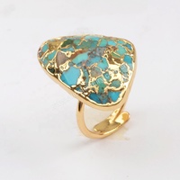 Anneaux ajustables pour femmes en or véritable plaqué 18 carats avec grande pierre précieuse en turquoise bleue naturelle
