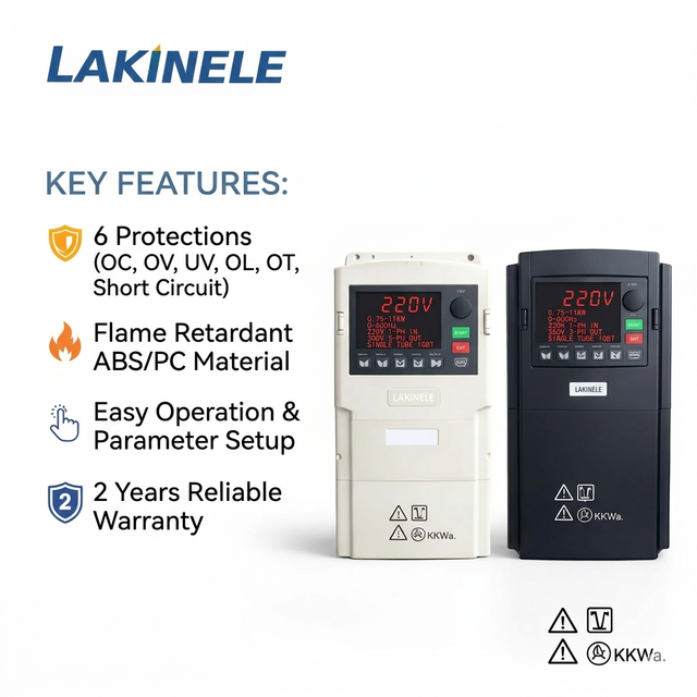 LAKINELE 11kW 15HP Single Phase VFD 220V to 3Phase 380V Vector Control 6 Protections for Motor Speed Control