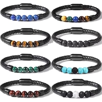 Pulsera de Cuero con Cuentas de Piedra Natural Ojo de Tigre Vintage, Cierre Magnético de Acero Inoxidable con Certificación CE para Hombre