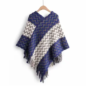 Taille libre Femmes Hiver Tricoté Pull Rayure Vague Motif Poncho