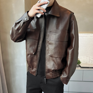 <b>Men</b>’s Fashion PU Leather Bomber Coat Turn-Down Collar Zip-Up <b>Utility</b> Pocket Casual <b>Jacket</b> - Product Image 5