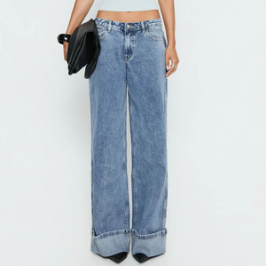 Women's Mid Straight Jeans Y2K Casual Sexy Vintage Wash Rhinestone Embellished Rolled Cuff Baggy Denim - Product Image 1