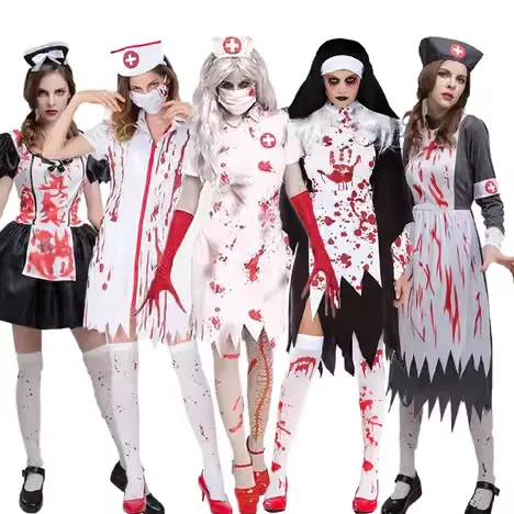 Pakaian karnaval kostum perawat Zombie kostum horor pakaian bermain peran vampir Halloween wanita kostum Suster bernoda darah