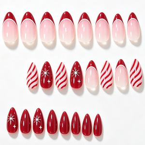 Faux ongles classiques à rayures rouges et blanches motif flocon de neige, à presser, pour éclaircir la peau, parfaits pour les fêtes de Noël, les salons et le DIY - Product Image 2