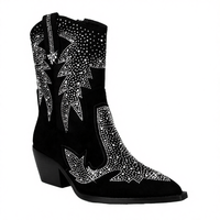 Bottines Western pour femmes à bout pointu, talon carré, fermeture éclair, en cuir de vache, noires avec strass, pour l'automne