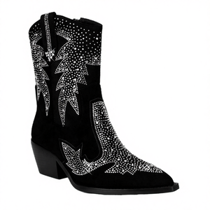 Botas Vaqueras de Mujer con Punta en Pico, Tacón Cuadrado, Cierre de Cremallera, Adornadas con Pedrería Negra, para Otoño - Product Image 4