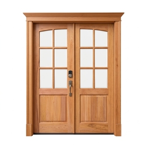 Porte d'entrée double en bois massif de style américain, avec un design cintrée et des panneaux de verre à 6 vitres, équipée d'une serrure intelligente. - Product Image 1