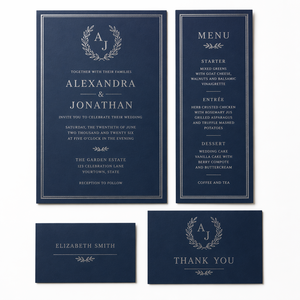Suite d'invitations de <span class=keywords><strong>mariage</strong></span> personnalisées en carton bleu marine, menu, marque-place, carte de remerciement, impression UV feuille d'argent, soirée formelle de luxe - Product Image 1