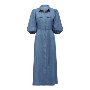 Vestidos Largos de Mezclilla para <span class=keywords><strong>Mujer</strong></span>, Estilo Casual de <span class=keywords><strong>Verano</strong></span>, con Mangas Abullonadas de Algodón, Bolsillos Laterales y Solapa - Product Image 5