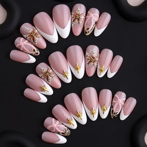 Autocollants pour ongles en forme de fleur 3D longue et en forme d'amande, très vendus, ongles portables en rose avec nœud et imprimé léopard - Product Image 2