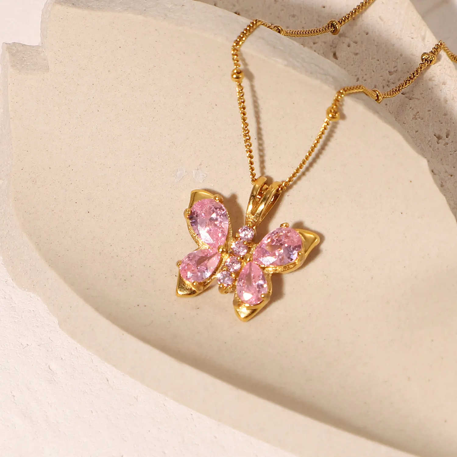18K Gold Plated Pink Zircon Diamond Jewelry Stainless Steel Butterfly Pendant Necklaces Bohemian Butterfly Necklace For Women
