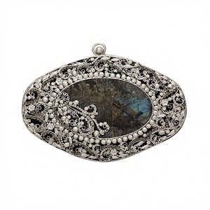Natural Labradorite Gemstone <b>Clutch</b> | Handmade <b>Silver</b> Filigree Minaudiere | Luxury Bridal Wedding Evening Bag for Women Oval bag - Product Image 1