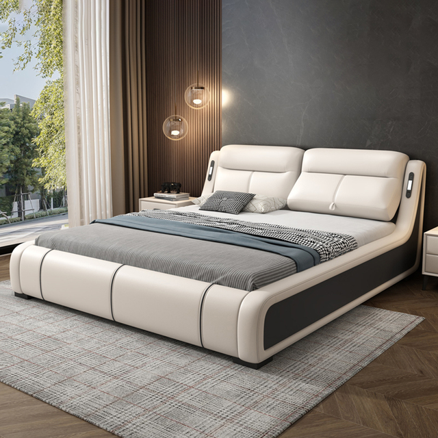 Multi-functional Leather Bed with Adjustable Backrest Modern Light Luxury Storage Bed Set High Quality King Bed with Night Light