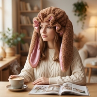 Bonnet de nuit de luxe doublé satin, anti-frisottis, protection capillaire, avec oreilles de lapin en peluche, double couche, toutes saisons