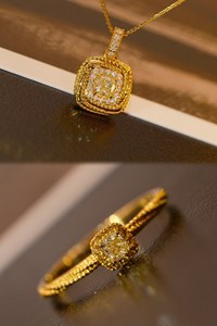 Xinfly 18K Real Gold Jewelry Set <b>Ice</b> Out Square Yellow Diamond Pendant Necklace <b>Ring</b> for Wedding Engagement Party or Gift - Product Image 6