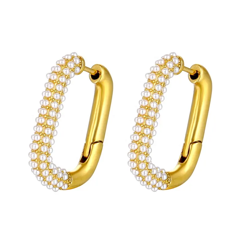 Fashion 18K Gold Plated Stainless Steel Jewelry Handmade Paved Imitated Fake Pearl U Hoop Huggie Earrings for Women