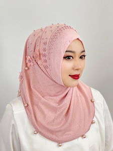 Malay <strong>Women's</strong> Elastic Solid Color Headscarf Cap Beaded Nailed Flower Shawl Cotton Ethnic Cap Winter Logo Available Cross-Border - Product Image 4