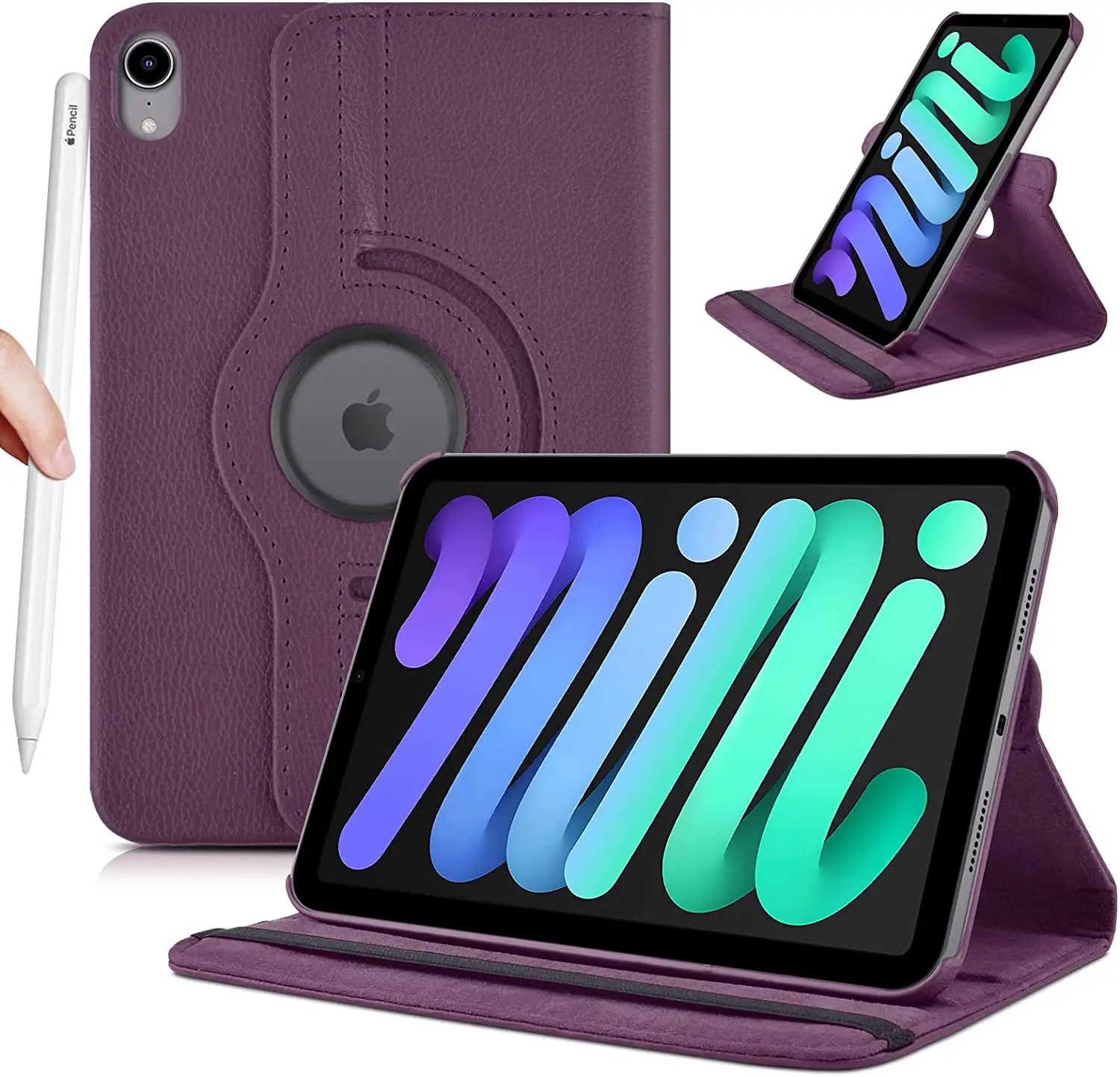 PU Leather Tablet Case For iPad Mini 6 2021 8.3 Full Body Lightweight 360 Rotating Adjustable Kickstand Book Style Flip Cover