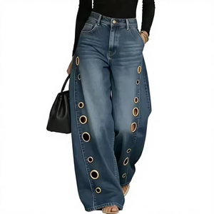 Jeans da donna a vita alta, a gamba larga a ferro di cavallo, in denim, con occhielli dorati, stile avant-garde, con hardware resistente, streetwear, sexy - Product Image 4