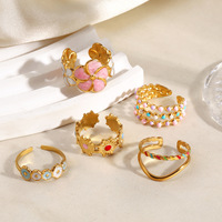 Bague tendance ajustable en acier inoxydable plaqué or avec fleur artisanale en émail coloré motif goutte d'huile pour femme