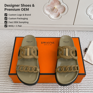 2026 Luxury Designer <b>shoe</b> for Women High Quality Suede H-Shape Slides Sandals Olive Green Chain Decor Summer <b>Beach</b> Casual New - Product Image 1
