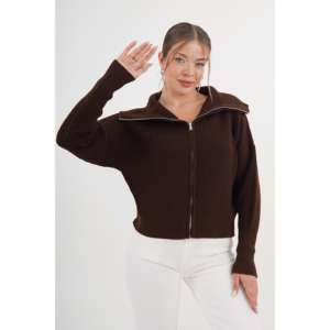 Brown Knitted <b>Zip</b>-<b>up</b> Collar <b>Cardigan</b> <b>Women</b> Casual Anti-Pilling Sweater Top - Product Image 6