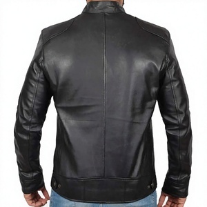 Men's Black Genuine Leather <b>Heated</b> Moto <b>Jacket</b> Mandarin Collar Zipper Closure Slim Fit Regular Length Solid Color Front Winter - Product Image 5