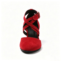 Chaussures de danse pour femmes, daim de vache rouge, double bride croisée, talon moyen, semelle en daim, chaussures de danse latine à boucle