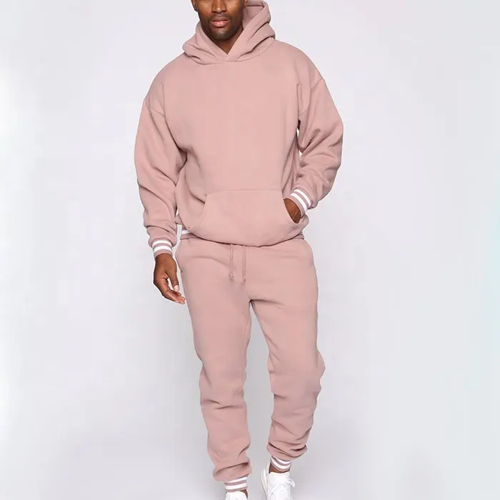 sweat suit men Fitness apparel Men's sports sets Long Sleeves Cotton Pink Hoodie with joggers tracksuit men