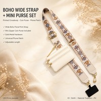 Sangle de téléphone bohème brodée en sangle tissée, réglable, bandoulière avec double pochette zippée, accessoires dorés, attache de téléphone 105-145