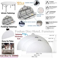 Meja Lipat Bulat HDPE Kapasitas 300KG 100% Plastik Virgin Tahan Air & Anti UV Siap Pakai untuk Pernikahan Luar Ruangan