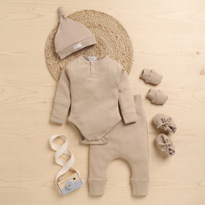 Premium Quality Organic Bamboo Elastane <b>Cot</b> and Candy Baby Clothing <b>Sets</b> Pack of 5 Including Beanie Latte - Product Image 2