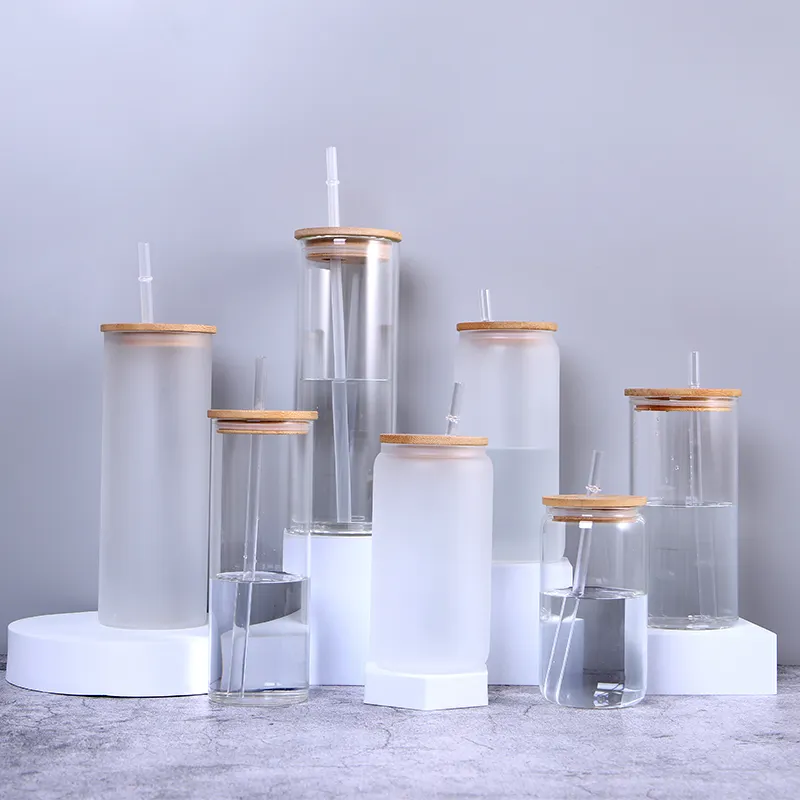 Caneca de vidro transparente DIY com tampa de bambu e canudo para sublimação de parede dupla personalizada por atacado de 16 onças e 25 onças