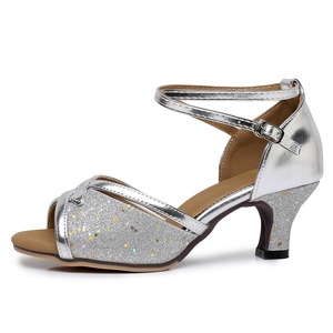 Sandali da ballo estivi da donna in vera pelle <span class=keywords><strong>con</strong></span> glitter oro, marrone e nero, <span class=keywords><strong>con</strong></span> tacco, comodi - Product Image 2