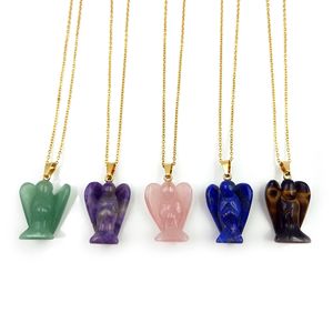 Bijoux Cristal Ange Collier Craved Gemstone Tiger Eye Amethyst Lapis Lazuli Ange Statue Pendentif Collier pour Hommes et Femmes - Product Image 4