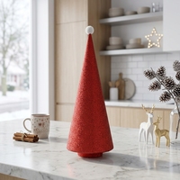 Árbol de Navidad Pequeño Rojo con Purpurina y Pompón Blanco en la Punta, Decoración Simple y Moderna para el Repisa del Chimenea, Árbol Cónico