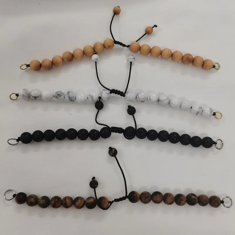 Natural Stone Tiger Eye Lava Stone Howlite Wooden Bead Adjustable Bracelet 8mm Metal Ring Can Hang Jewelry