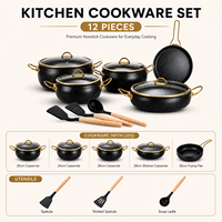 Ensemble de 12 ustensiles de cuisine de style turc classique en granit avec doubles poignées, spatules en silicone, acier inoxydable et bambou pour la cuisine à domicile
