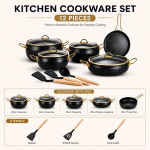 Set di Pentole da 12 Pezzi in Stile Turco Classico, con Manici in Granito, Spatole in Silicone, Acciaio Inossidabile e Bambù per Cucina Domestica - Product Image 2