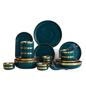 Service de table en céramique <span class=keywords><strong>vert</strong></span> émeraude de luxe avec bordure dorée, assiettes et bols en porcelaine royale européenne pour mariage, banquet, hôtel - Product Image 1