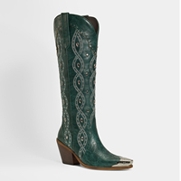 Bottes Western Rétro WETKISS OEM avec Broderie Vieillie, Bout Métallique, Talon Épais, Rivets, Bottes Hautes pour Femme, Bottes de Cowgirl Montantes