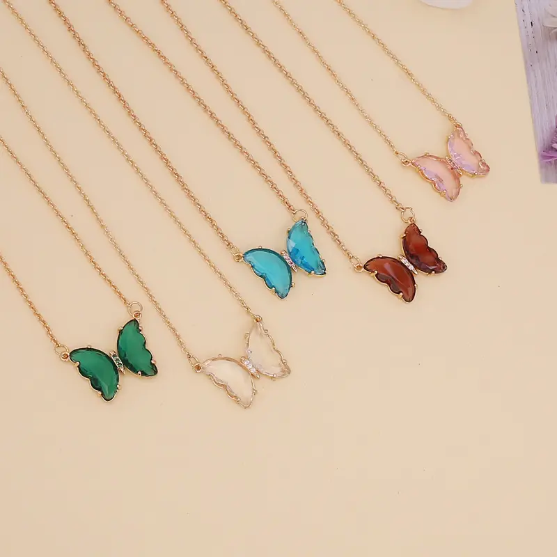 New Creative Real Gold Plated Purple Glass Butterfly Necklace Clear Crystal Butterfly Necklace For Women Gift