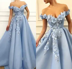 Balo kıyafetleri dantel 3D çiçek aplike inciler abiye kapalı omuz Custom Made özel mavi durum önlük mpmp