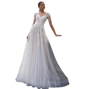 A-Line Chiffon Wedding Dress With Embroidery V-Neck White Bridal Gown Natural Waist Simple Style - Product Image 4