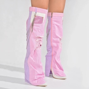 Chain Decor Women Denim Overlay Over Knee High <b>Boots</b> Ladies High Chunky Heels Shoes Patchwork Jeans <b>Pants</b> Long Booties - Product Image 6