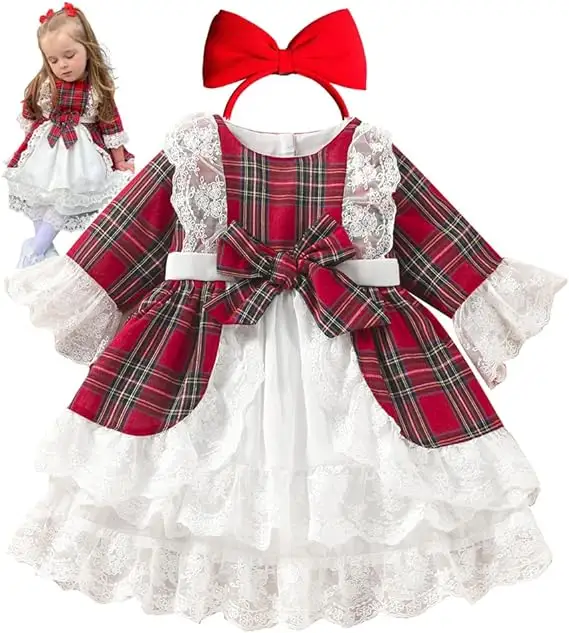 Vestido de festa de Natal em Tartan de manga comprida para bebês meninas, outono inverno de 2024 anos