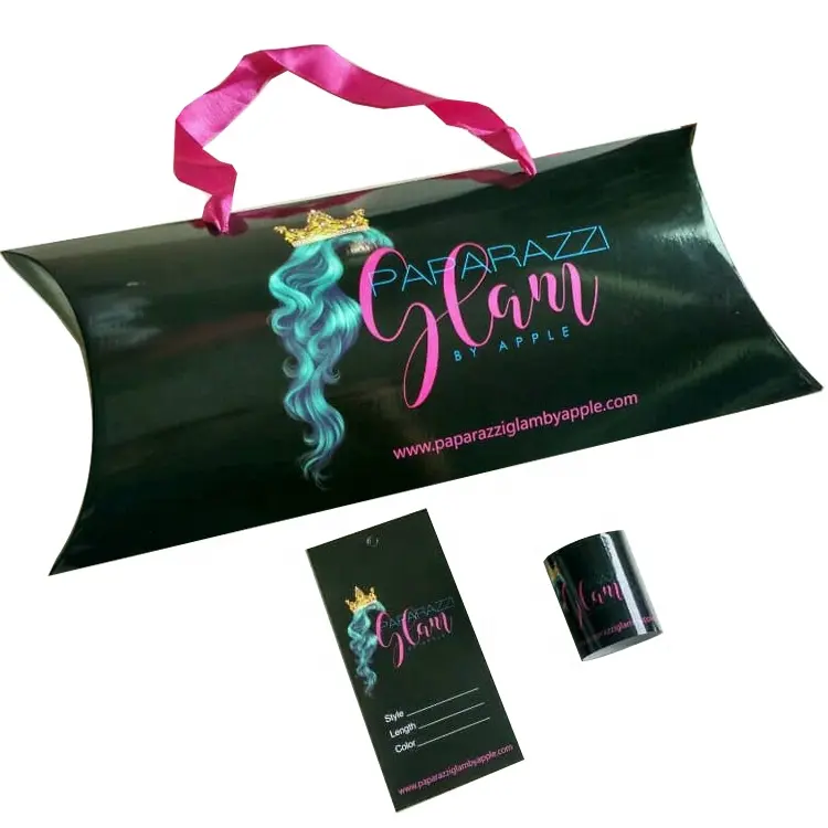 B-290 Elegant customized weave wig hair extension packaging pillow box black hair bundles box with tag and sticker